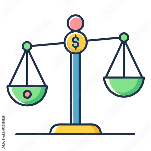 A scale balancing income versus expenses in a flat line style vector illustration