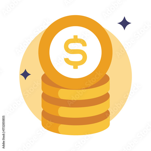 A stack of shiny dollar coins with sparkles in a modern design vector illustration