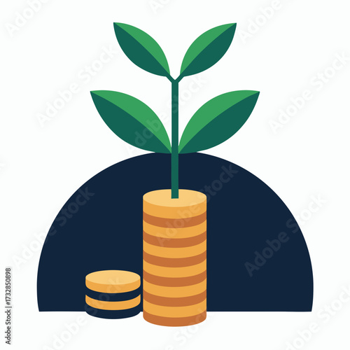 An investment growth icon with a green plant growing from coins vector illustration
