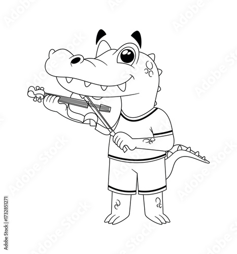Black-and-white crocodile playing violin melody
