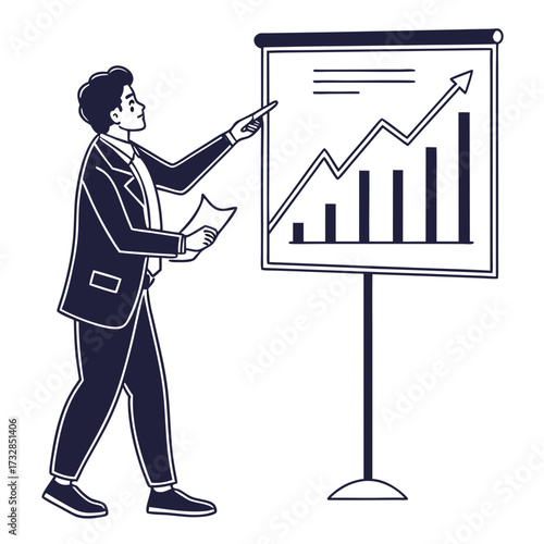 A businessman giving a presentation with a financial chart icon vector illustration