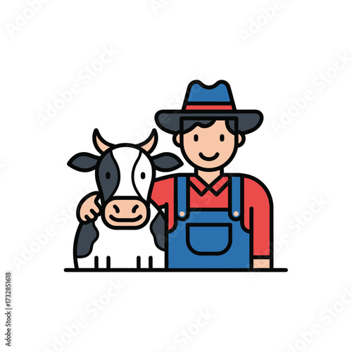 Cartoon farmer wearing overalls and hat with a cow isolated on white background