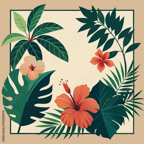 A floral frame with lush palm leaves and tropical hibiscus flowers vector illustration