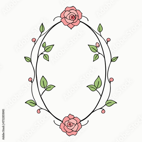 A sophisticated oval border composed of roses and gentle vines vector illustration