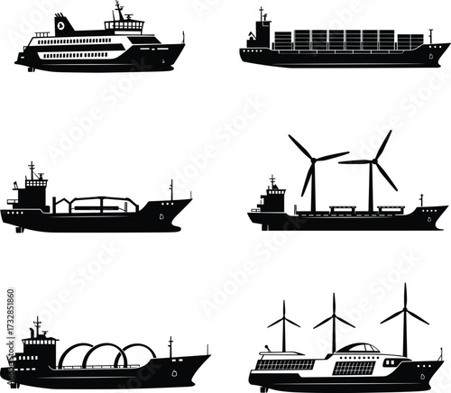 Cargo ship silhouette, container vessel design, LNG carrier illustration, ferry boat, renewable energy ship, sustainable marine transport
