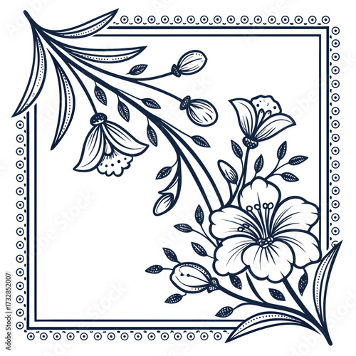 An intricate line art floral frame in a rectangular vintage design vector illustration