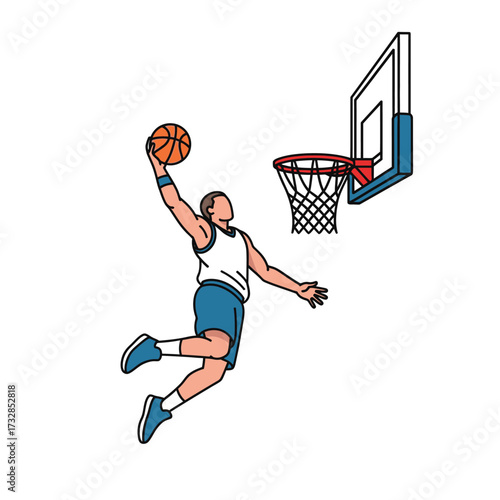 Dynamic basketball player in mid air performing a slam dunk with a ball isolated on white background