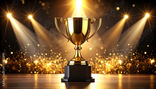 Golden Trophy on Stage with Spotlights and Bokeh for Achievement Concept