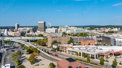Worchester, MA, USA - September 14, 2025 - Afternoon aerial image of Downtown Worchester, Massachusetts on a sunny summer morning.