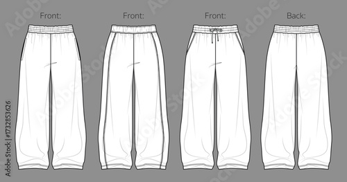 Vector woman fleece jogger technical drawing, teenage style pants with waistband and side pockets detail fashion CAD, template, sketch, flat. Woman flowy trousers with front, back view, white color