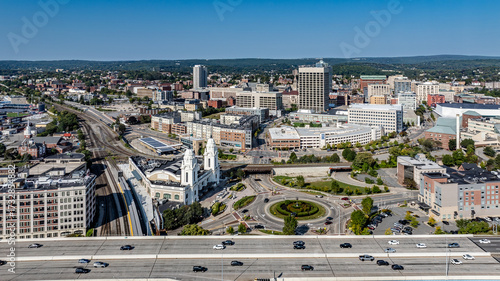 Worchester, MA, USA - September 14, 2025 - Afternoon aerial image of Downtown Worchester, Massachusetts on a sunny summer morning.