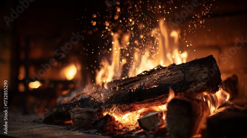 Warm flames dance around logs in a cozy fireplace during a chilly evening indoors