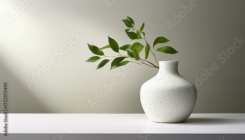 White Speckled Vase With Green Plant Branch Minimalist Still Life