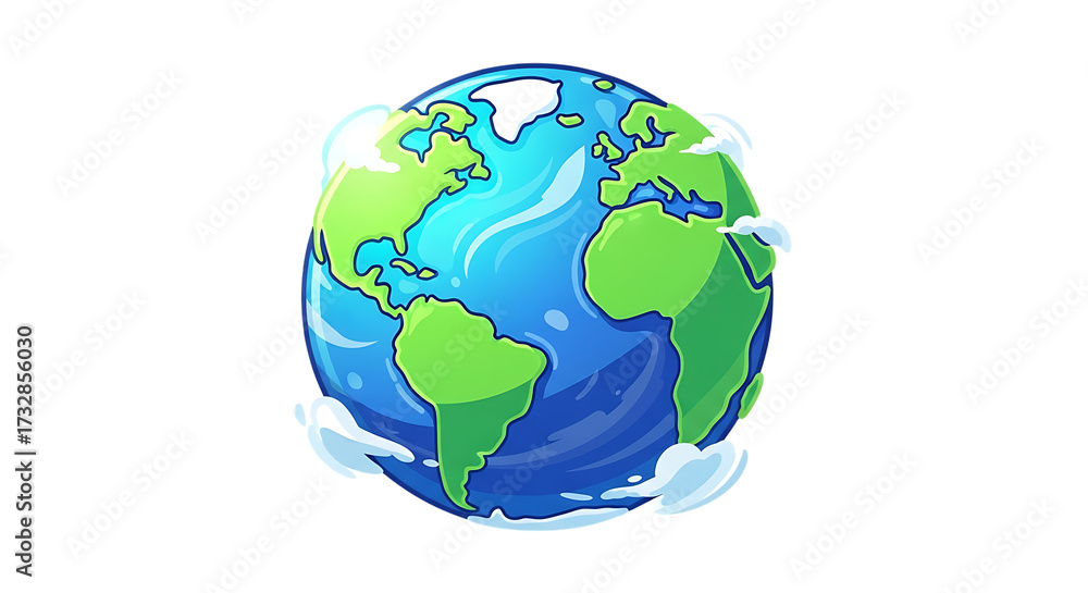 Fototapeta premium Illustration of stylized cartoon illustration of planet earth with clouds isolated on transparent background