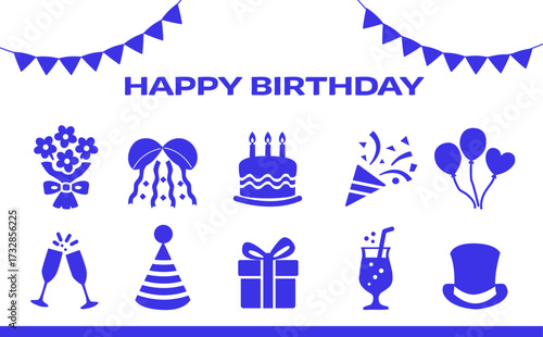 Birthday Celebration Icon Set (Simple Silhouette, Blue)