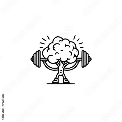 Illustration of a broccoli character lifting weights with radiating lines on a white background art