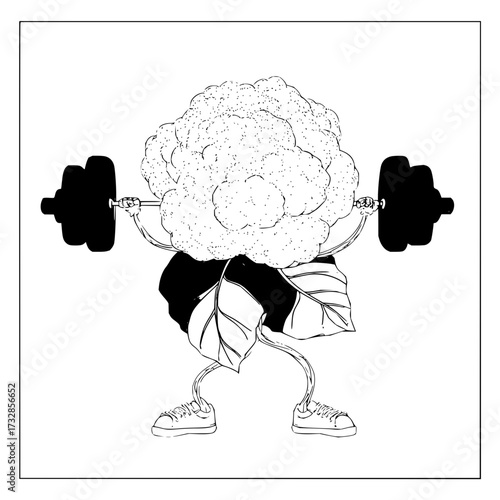 Illustration of a cauliflower character lifting a barbell with weights in a black and white drawing style