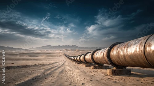 Desert Landscape View Of Long Rusty Industrial Pipeline Under Dramatic Cloudy Sky Scenic Perspective Metal Texture And Remote Atmosphere