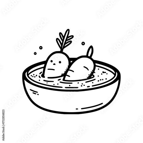 Two cartoon carrots with faces soaking in a bowl of liquid with bubbles and dotted texture around them