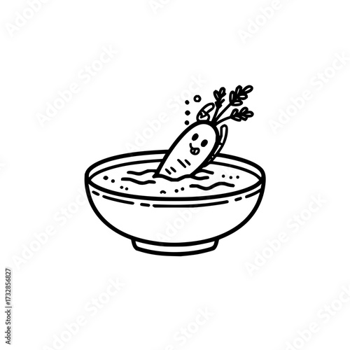 A cute carrot character with a smiling face is soaking in a bowl of liquid with bubbles around it icon