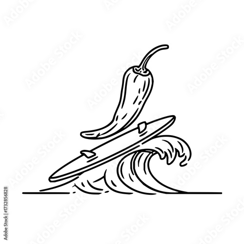 A chili pepper hovering over a surfboard riding a wave in a black and white line art illustration