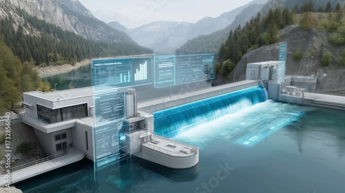 A smart hydroelectric dam with holographic control panels visualizing data-driven energy management, sustainability, and technological precision, Generative AI