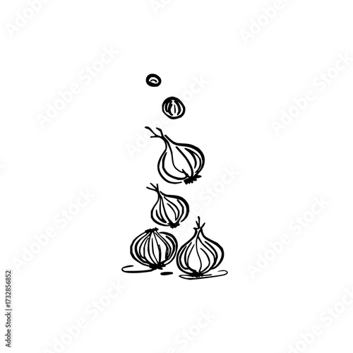A simple black and white sketch of several onions stacked vertically on a white background design art