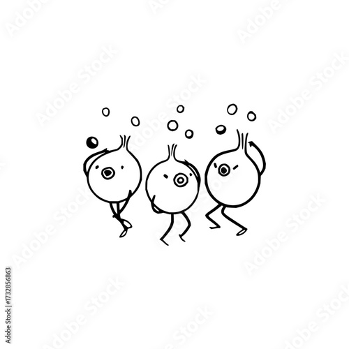 Three cartoon onion characters with eyes and legs walking under floating bubbles in monochrome drawing