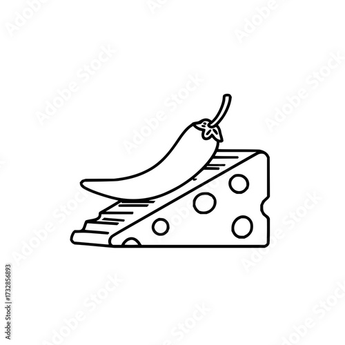 A chili pepper resting on a wedge of cheese with holes in a black and white outline drawing style image