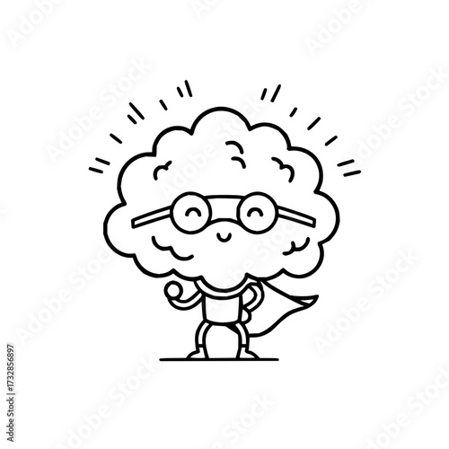 Cartoon brain character with glasses and cape standing in a superhero pose with a confident expression