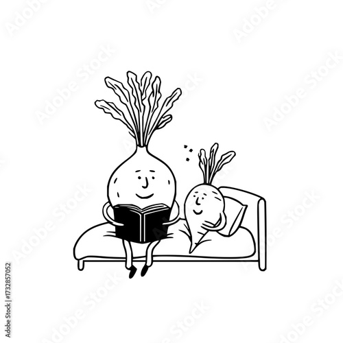Vegetable characters reading a book together on a bed with one lying down and smiling in black and white