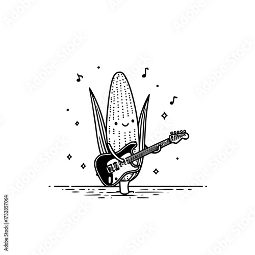 Illustration of a happy corn playing an electric guitar with music notes and sparkles around it