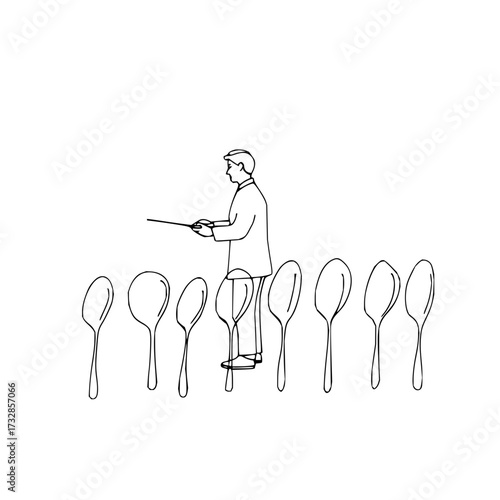 A conductor directing an orchestra of spoons with a baton in a minimalist black and white line drawing