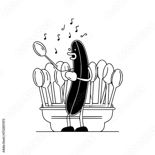Cartoon pickle conductor with spoon leading a spoon orchestra under musical notes in black and white style