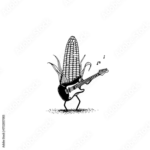 Illustration of a corn cob character playing an electric guitar with musical notes floating around it