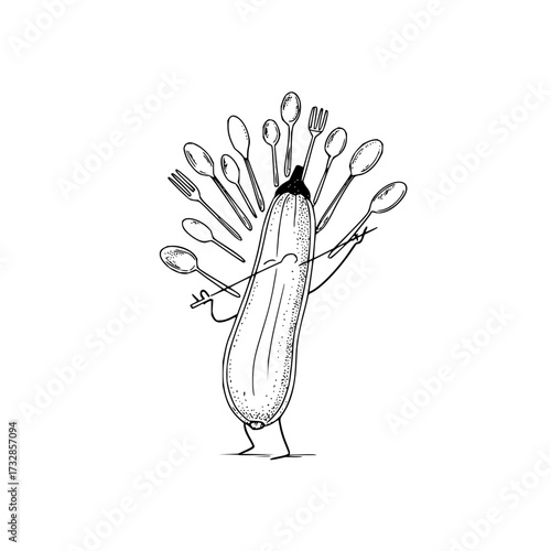 Cartoon zucchini playing violin with spoons and forks as strings in black and white illustration