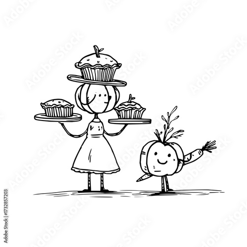 Vegetable character balancing cupcakes on head and holding trays with another vegetable character nearby