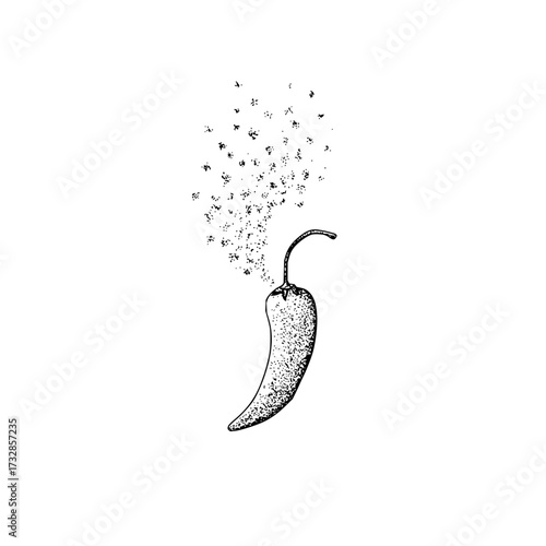 Illustration of a single pepper with a curved stem and a cloud of particles emanating from the top edge