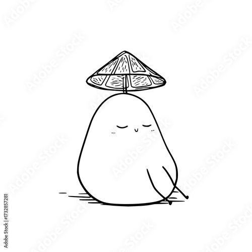 A whimsical doodle of a blob character with a citrus slice hat sitting in a relaxed pose on the ground