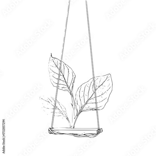 Plant with large leaves hanging in a swing suspended by two ropes in a black and white line drawing style