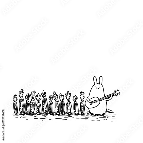 A whimsical illustration of a rabbit playing a guitar next to a row of stylized carrots or vegetables