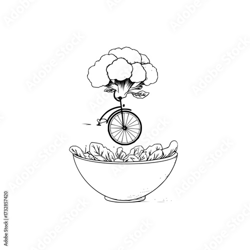A whimsical illustration of a cauliflower riding a bicycle over a bowl of leafy green vegetables