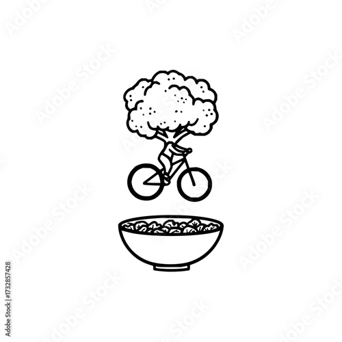 A broccoli head character riding a bicycle above a bowl of food in a black and white drawing style