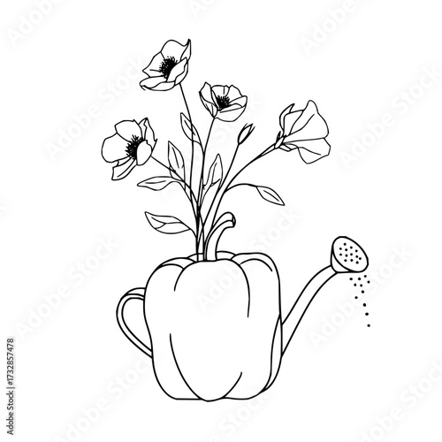 Flowers in a pepper shaped watering can with water droplets in a black and white outline drawing style