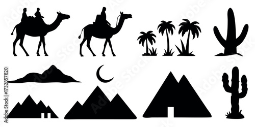 Vector Silhouette Set of Desert Scenes Cactus Camel and Pyramid