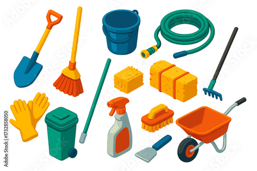 Chicken Coop Cleaning Tools. Isometric vector illustration set Chicken Coop Cleaning: shovel, broom, bucket, water hose,