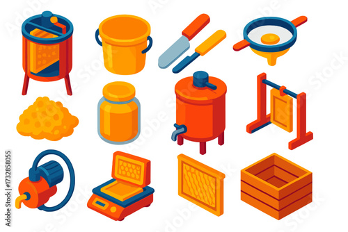 Honey Harvest Tools. Isometric vector illustration set Honey Harvest: extractor machine, honey bucket, uncapping knife, strainer,