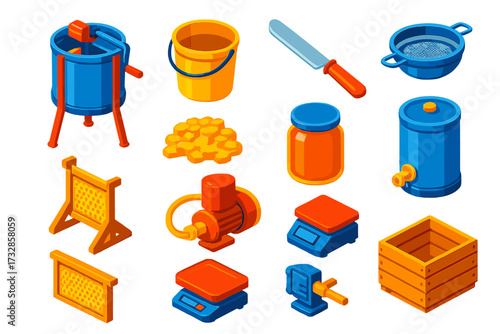 Honey Harvest Tools. Isometric vector illustration set Honey Harvest: extractor machine, honey bucket, uncapping knife, strainer,