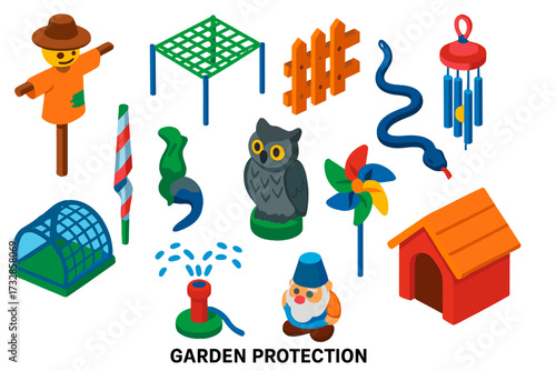 Garden Protection Icons. Isometric vector illustration set Garden Protection: scarecrow, bird net, fence, wind chime, shiny tape,