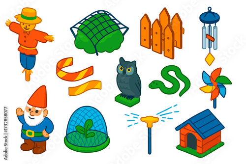 Garden Protection Icons. Isometric vector illustration set Garden Protection: scarecrow, bird net, fence, wind chime, shiny tape,